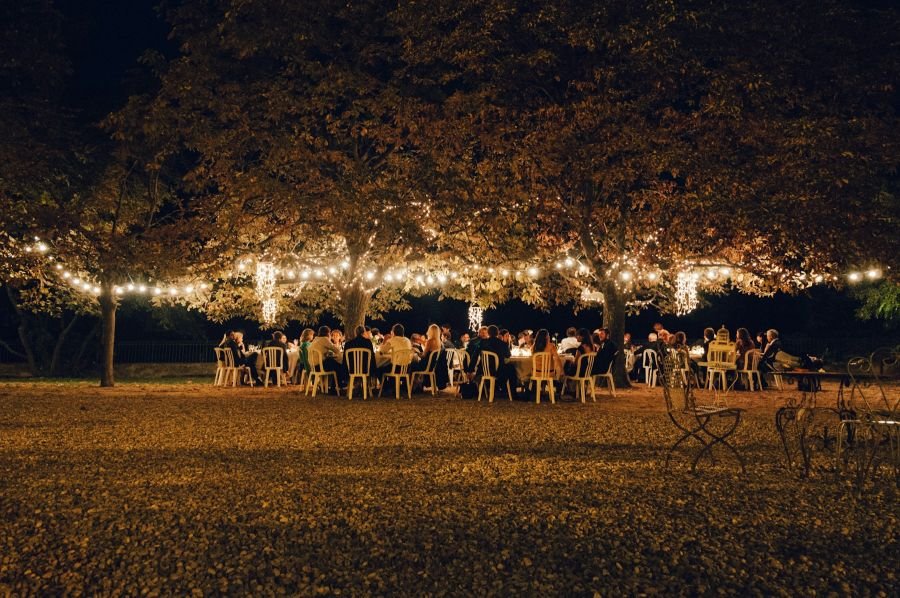 Wedding reception under string lights